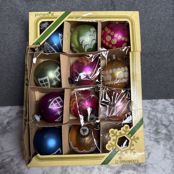 Vtg Pyramid Glass Ornaments Box 11 Stencil Glitter Solid Xmas USA READ Pink Blu - Picture 1 of 9